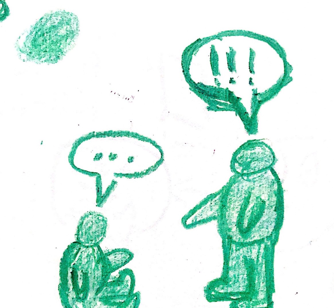 Two green cartoon people in conversation - one sitting on the ground, with ... coming from a speech bubble - they look up towards the second person, where !!! comes from their speech bubble.